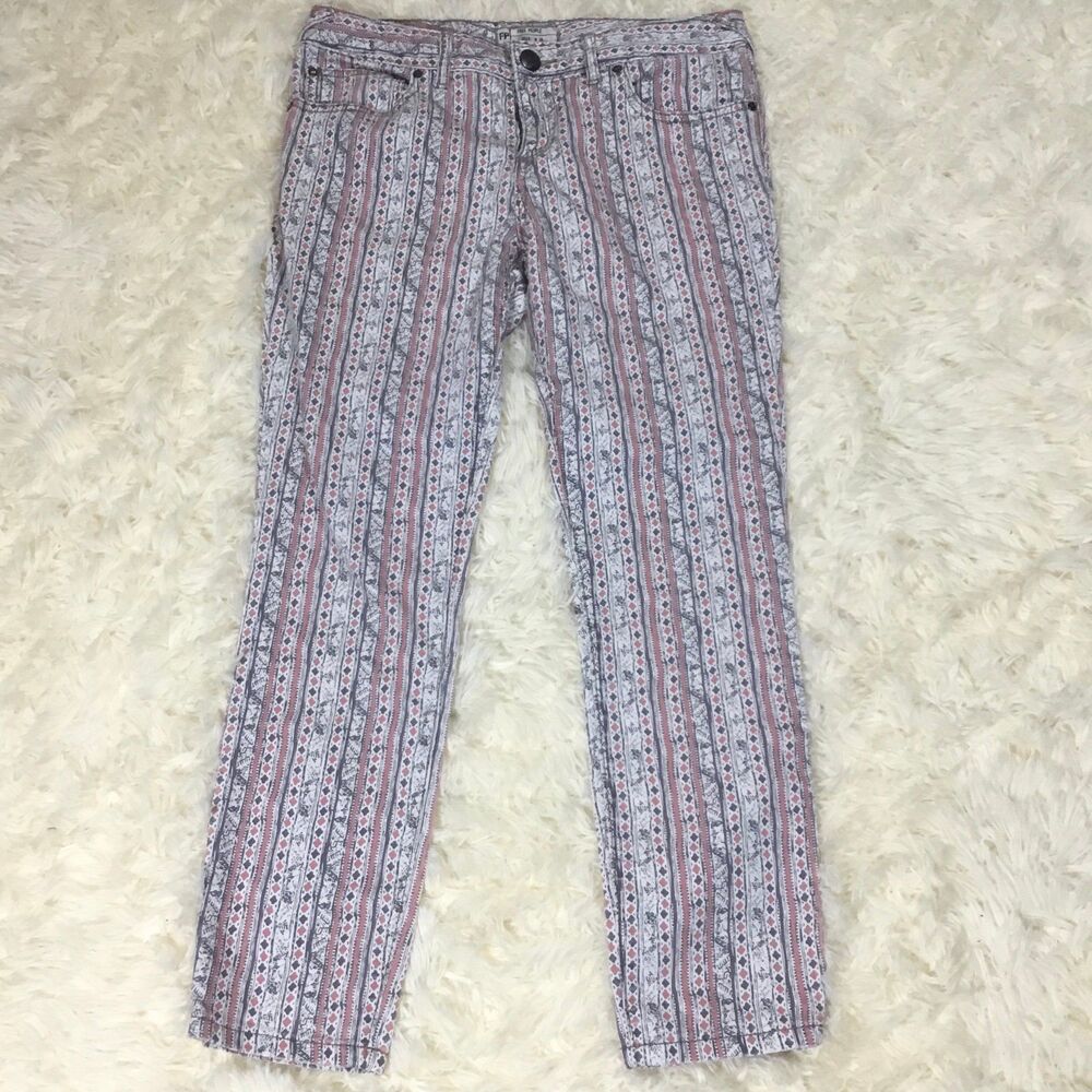 Free people Ivory combo jeans pink grey white southwestern pattern waist 32" W28
